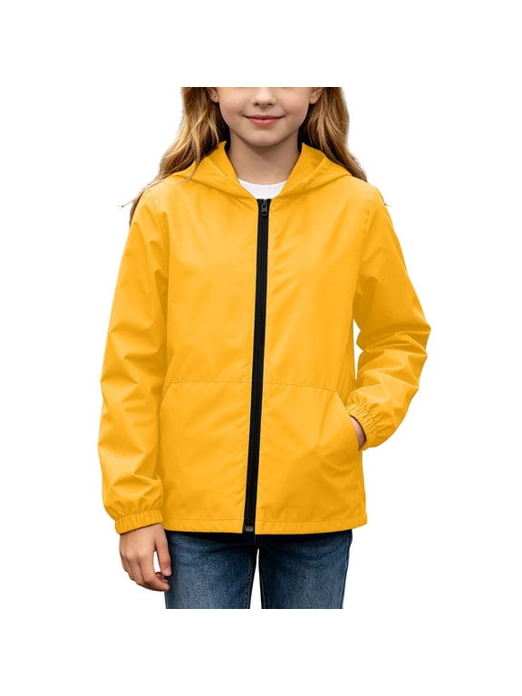 Girls'Waterproof Jacket Lightweight Hooded Full Zip Elastic Cuffs School Outdoor Travel Windbreaker Coat