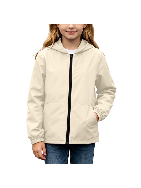 Girls'Waterproof Jacket Lightweight Hooded Full Zip Elastic Cuffs School Outdoor Travel Windbreaker Coat