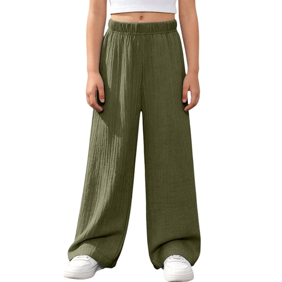 SERTGUTR Girls' Wide Leg Pants Elastic Waist Pull-On Relaxed Straight Fit Crinkle Textured Side Pocket School Summer Outdoor Everyday Wear