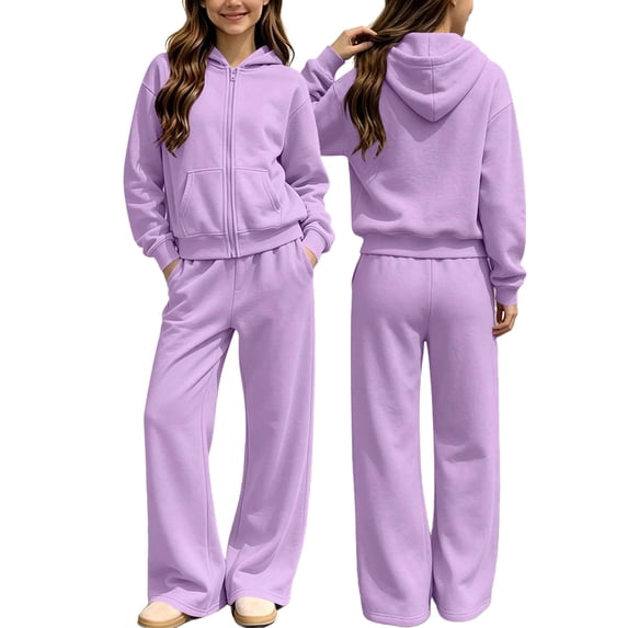 SERTGUTR Girls' Zip Up Hoodie Set Fleece Lined Full Zip Drop Shoulder Kangaroo Pocket Wide Leg Sweatpants Casual Winter Warm Two Piece Outfit School Everyday Outerwear
