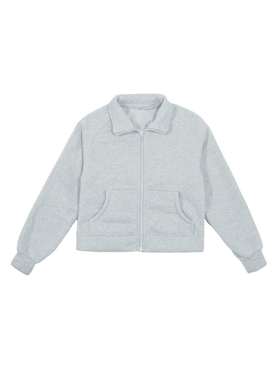 Girls Zip Up Jacket Collared Long Sleeve Cropped Bomber Front Pocket Ribbed Cuff Solid Color Everyday School Fall Winter Outerwear Jacket