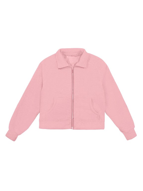 Girls Zip Up Jacket Collared Long Sleeve Cropped Bomber Front Pocket Ribbed Cuff Solid Color Everyday School Fall Winter Outerwear Jacket