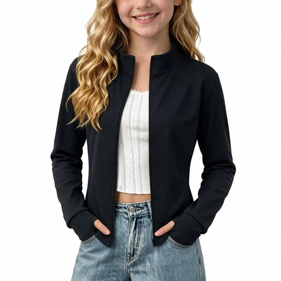SERTGUTR Girls Zip Up Jacket, Stand Collar Long Sleeve Thumbhole Top, Cropped Stretch Yoga Running Coat, Everyday School Fitness Sports Jacket