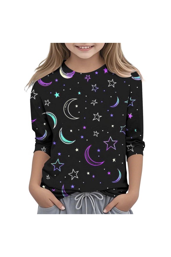 UTR Kids Christmas Print 3/4 Long Sleeve Round Neck Casual Comfortable Festive Everyday Top Christmas Gifts for Children 3-12 Years(Multicolor,3 Years)
