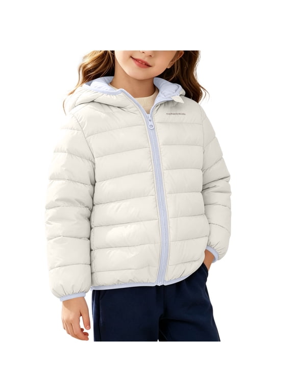 Kids Hooded Puffer Jacket, Lightweight Quilted Full Zip Coat, Reversible Warm Windproof Outerwear, Everyday School Winter Kids Jacket