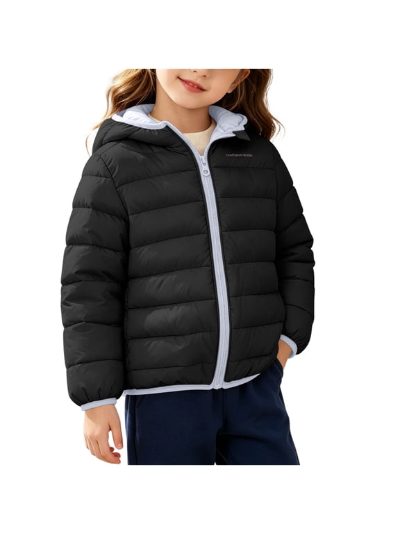 Kids Hooded Puffer Jacket, Lightweight Quilted Full Zip Coat, Reversible Warm Windproof Outerwear, Everyday School Winter Kids Jacket