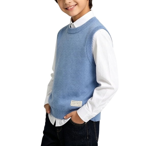 SERTGUTR Kids Sweater Vest Crew Neck Sleeveless Pullover Ribbed Trim Decorative Label Detail Classic Fit Everyday School Layering