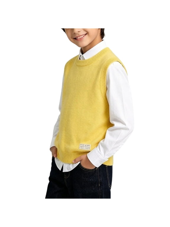 Kids Sweater Vest Crew Neck Sleeveless Pullover Ribbed Trim Decorative Label Detail Classic Fit Everyday School Layering
