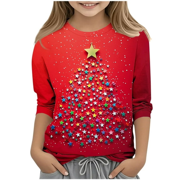SERTG Kids Tops 3/4 Long Sleeve Round Neck Cute Casual Comfortable Festive Print Everyday Top Christmas Gifts for Boys and Girls 3-12 Years(Multicolor#5,5-6 Years)