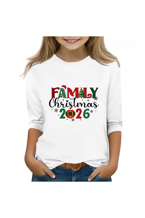 Kids Tops 3/4 Long Sleeve Round Neck Cute Casual Comfortable Festive Print Everyday Top Christmas Gifts for Boys and Girls 3-12 Years(White#1,7-8 Years)