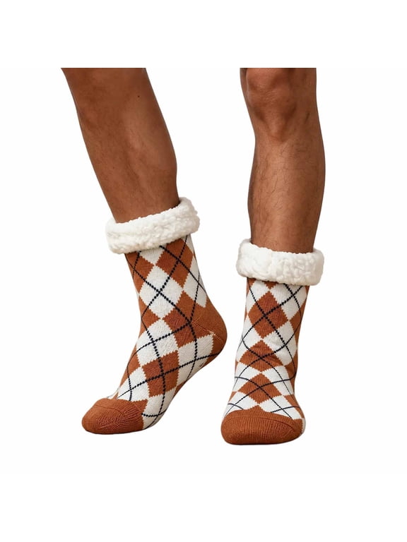 Men's Slipper Socks, Argyle Pattern Fleece Lined Crew Socks, Two Tone Cozy Casual Home Socks, Everyday Versatile Fall Winter Lounge Socks