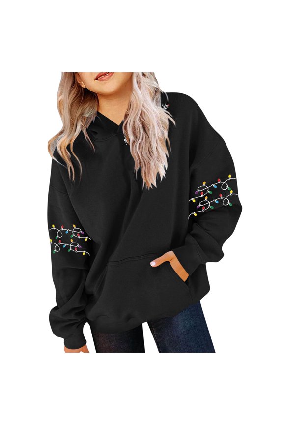 Unisex Kids Christmas Print Hooded Sweatshirt Long Sleeve Loose Casual with Pockets Fall Winter Fleece Lined Activewear for Children 2-13 Years(Black,11-12 Years)