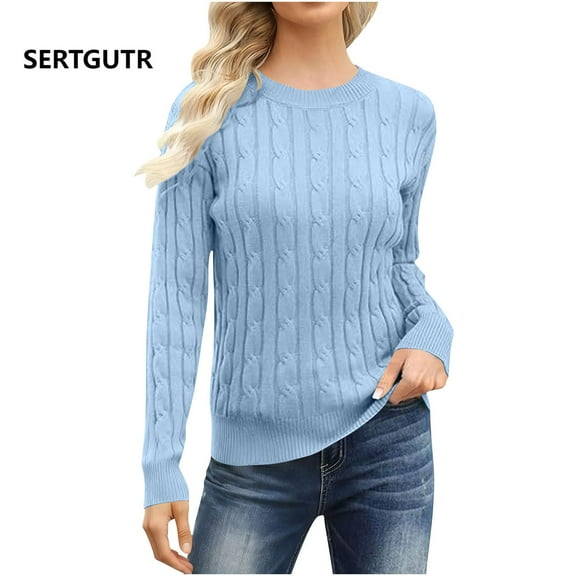 SERTGUTR Women's Sweater Solid Color Jacquard Knit Sweater Fall Winter Warm Soft Long Sleeve Round Neck Fashion Outdoor Sweaters for Women(Light Blue,S)