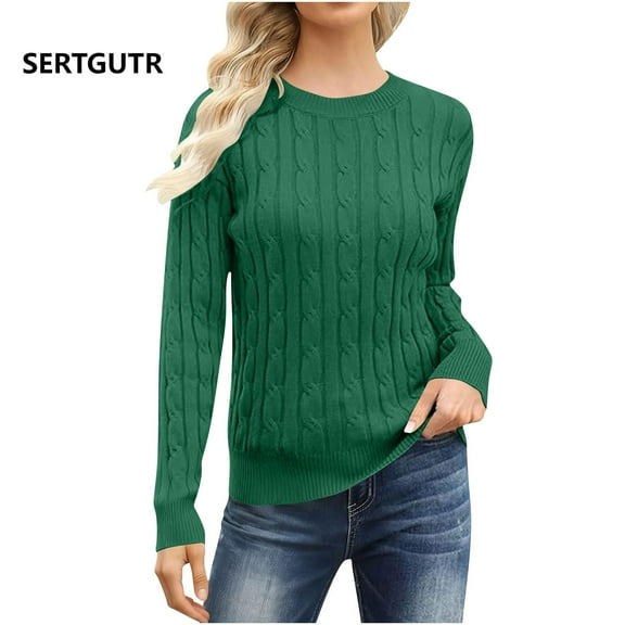 SERTGUTR Women's Sweater Solid Color Jacquard Knit Sweater Fall Winter Warm Soft Long Sleeve Round Neck Fashion Outdoor Sweaters for Women(Green,S)