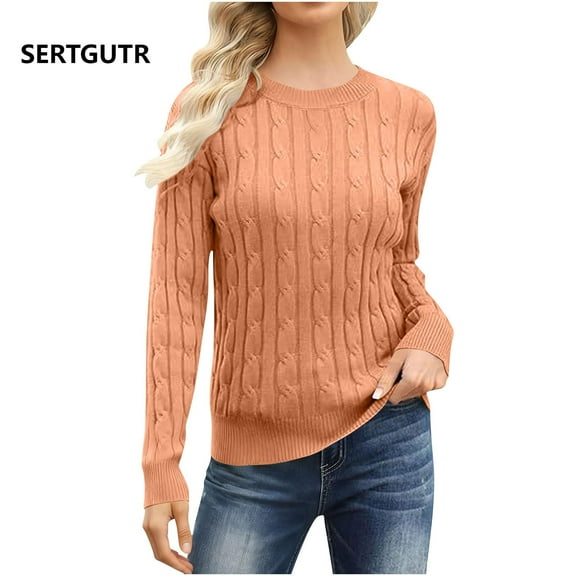 SERTGUTR Women's Sweater Solid Color Jacquard Knit Sweater Fall Winter Warm Soft Long Sleeve Round Neck Fashion Outdoor Sweaters for Women(Orange,S)