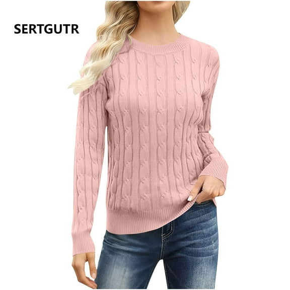 SERTGUTR Women's Sweater Solid Color Jacquard Knit Sweater Fall Winter Warm Soft Long Sleeve Round Neck Fashion Outdoor Sweaters for Women(Pink,S)
