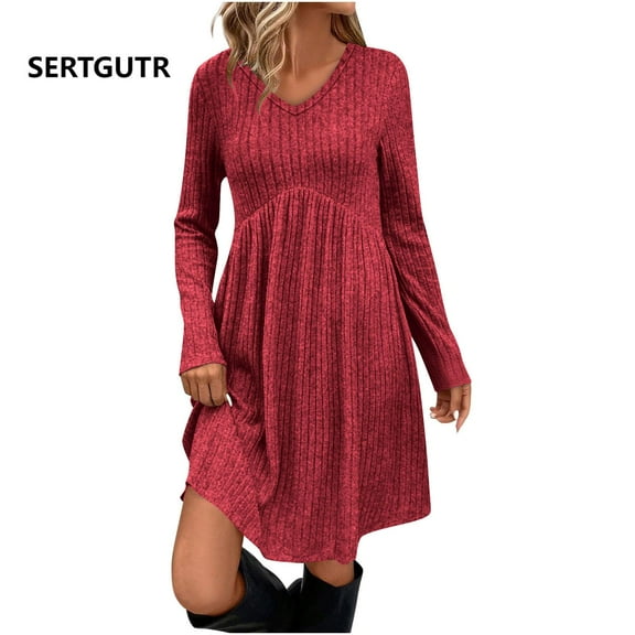 SERTGUTR Womens Dress Casual Solid Color Long Sleeve V Neck Dress with Pockets Soft Fashion Gown Flattering Cinched Wais Womens Fall Dresses(Red,XXL)