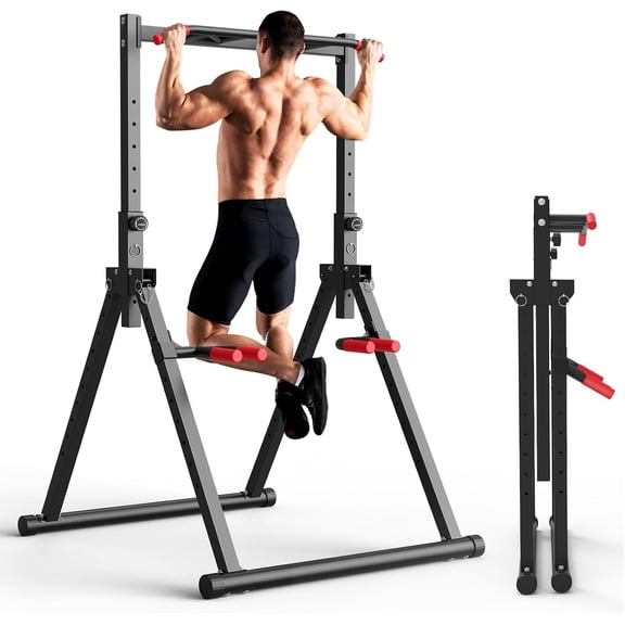 SERTT Foldable Power Tower, Adjustable Free Standing Pull Up Bar Dip Station, 440LBS Heavy-Duty Home Gym Equipment for Pull Ups, Dips, Push Ups & Knee Raises