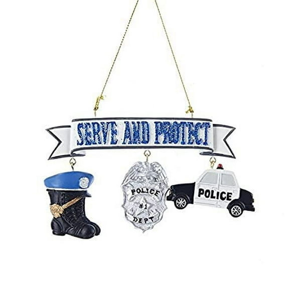 "SERVE AND PROTECT" POLICEMAN WITH BOOTS, SHIELD AND CAR DANGLES ORNAMENT
