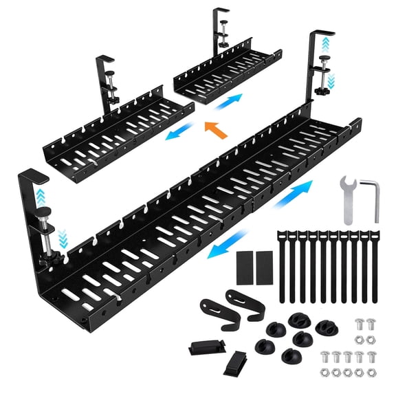 SERVXIN 31" No Drill Under Desk Cable Management Tray,Retractable Cable Management Under Desk with Clamp for Office Home, Black