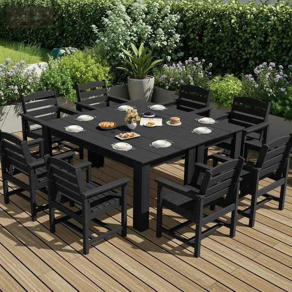 SERWALL 10-Piece Outdoor Dining Set, 2 Rectangle 59" Dining Tables with Umbrella Holes and 8 Patio Dining Chairs with Umbrella Hole for Garden, Deck, Poolside, Black