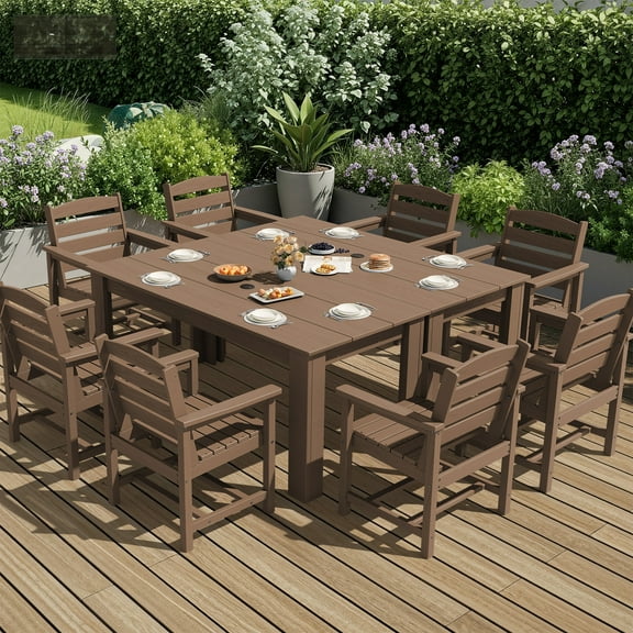 SERWALL 10-Piece Outdoor Dining Set, 2 Rectangle 59" Dining Tables with Umbrella Holes and 8 Patio Dining Chairs with Umbrella Hole for Garden, Deck, Poolside, Brown