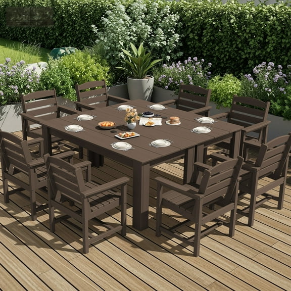 SERWALL 10-Piece Outdoor Dining Set, 2 Rectangle 59" Dining Tables with Umbrella Holes and 8 Patio Dining Chairs with Umbrella Hole for Garden, Deck, Poolside, Coffee