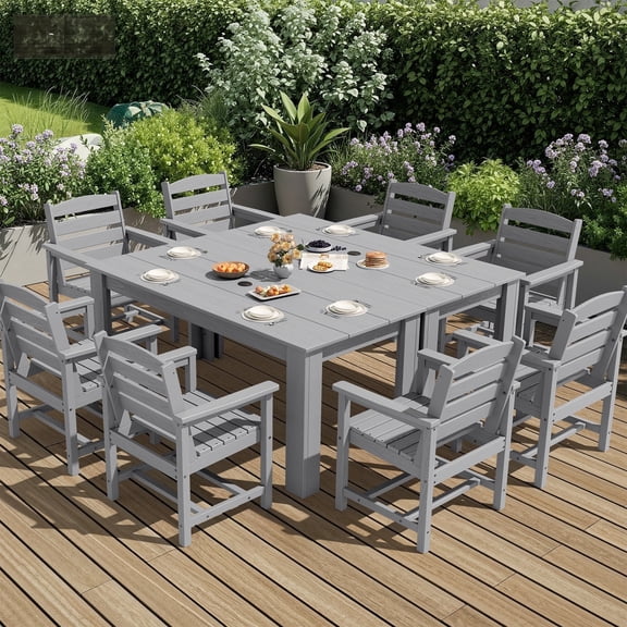 SERWALL 10-Piece Outdoor Dining Set, 2 Rectangle 59" Dining Tables with Umbrella Holes and 8 Patio Dining Chairs with Umbrella Hole for Garden, Deck, Poolside, Light Gray