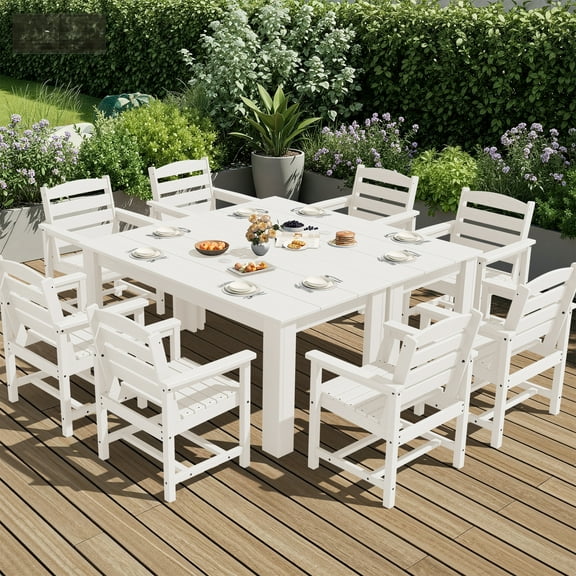 SERWALL 10-Piece Outdoor Dining Set, 2 Rectangle 59" Dining Tables with Umbrella Holes and 8 Patio Dining Chairs with Umbrella Hole for Garden, Deck, Poolside, White