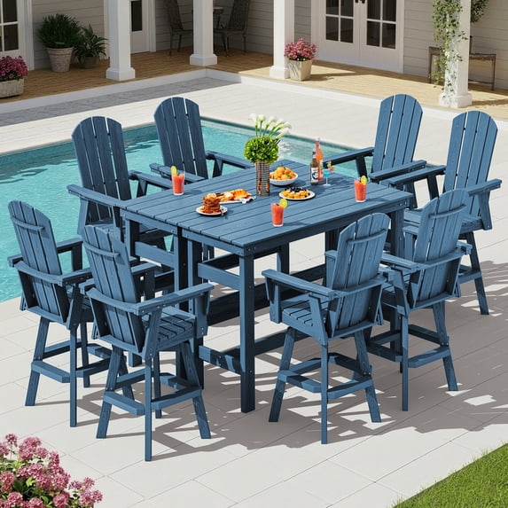 SERWALL 10-Piece Outdoor Swivel Bar Set with Table, 8 HDPE Swivel Bar Chairs & 2 Bar Tables, All-Weather Patio Barstool Furniture, Blue