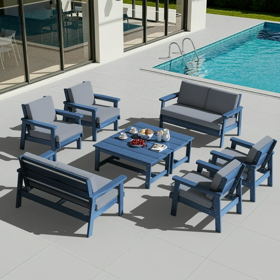 SERWALL 10PC Outdoor Conversation Set, All-Weather HDPE Patio Sofa Set with Cushions, 4 Armchairs, 2 Loveseats & 2 Coffee Table for Patio, Porch, Backyard, Blue Frame with Grey Cushion