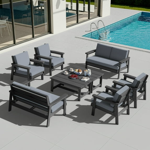SERWALL 10PC Outdoor Conversation Set, All-Weather HDPE Patio Sofa Set with Cushions, 4 Armchairs, 2 Loveseats & 2 Coffee Table for Patio, Porch, Backyard, Grey Frame with Grey Cushion