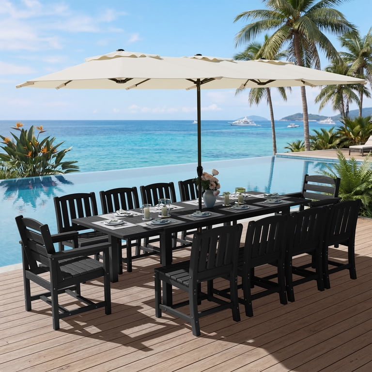 all weather patio furniture with umbrella PatioKingdom 9FT Outdoor Umbrella, Autotilt in 2 umbrella hole SERWALL 12-Piece Outdoor Dining Set
