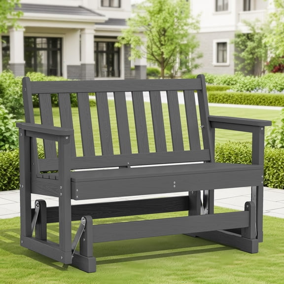 SERWALL Outdoor Glider Bench 2 Person, HDPE Material Weather-Resistant Rocking Chair Swings for Patio Porch Garden, Gray