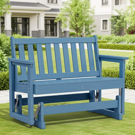 SERWALL Outdoor Glider Bench 2 Person, HDPE Material Weather-Resistant Rocking Chair Swings for Patio Porch Garden, Blue