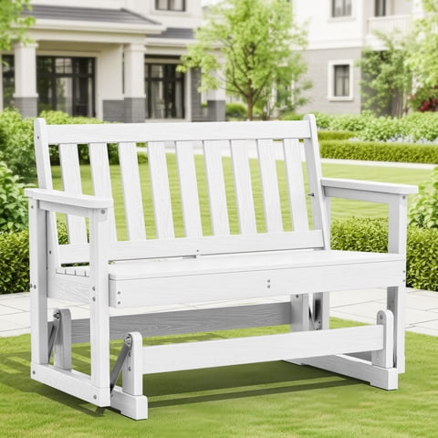 SERWALL Outdoor Glider Bench 2 Person, HDPE Material Weather-Resistant Rocking Chair Swings for Patio Porch Garden, White