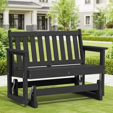 SERWALL Outdoor Glider Bench 2 Person, HDPE Material Weather-Resistant Rocking Chair Swings for Patio Porch Garden, Black