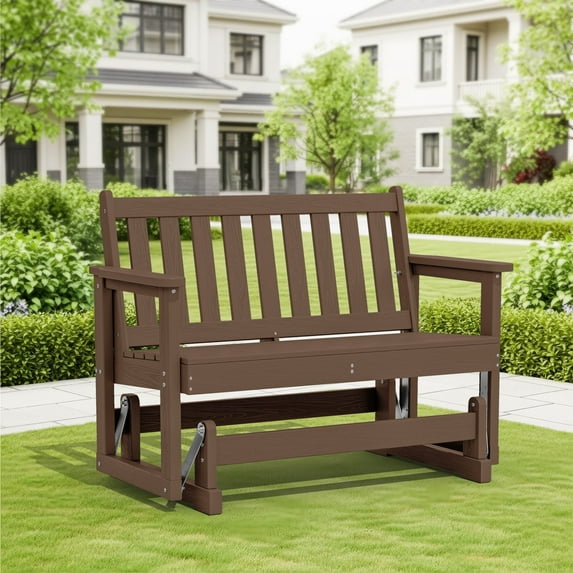 SERWALL Outdoor Glider Bench 2 Person, HDPE Material Weather-Resistant Rocking Chair Swings for Patio Porch Garden, Brown