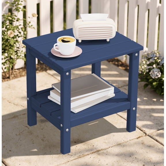 SERWALL 2-Tier Outdoor Side Table, HDPE Patio End Table, All-Weather Adirondack Small Table for Porch, Deck & Backyard, Blue