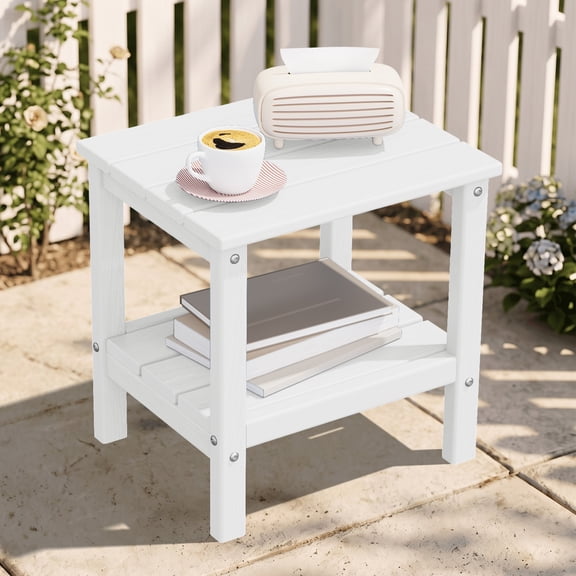 SERWALL 2-Tier Outdoor Side Table, HDPE Patio End Table, All-Weather Adirondack Small Table for Porch, Deck & Backyard, White