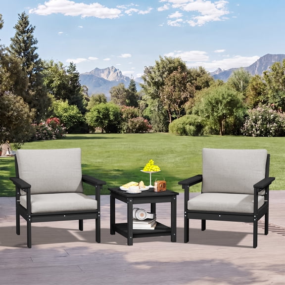 SERWALL 3-Piece HDPE Outdoor Patio Conversation Set, All-Weather Patio Sofa Furniture Set for Porch & Deck, Black Frame with Beige Cushions
