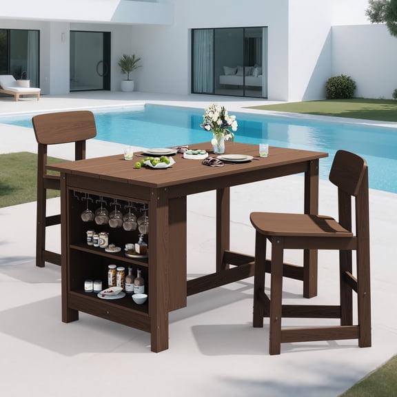 SERWALL 3-Piece Outdoor Bar Sets, All Weather Outdoor Bar Table & 2 Bar Chairs, Counter Height Table with Storage, Wine Rack & Footrests, Outdoor Dining Sets for Patio, Backyard, Poolside - Brown