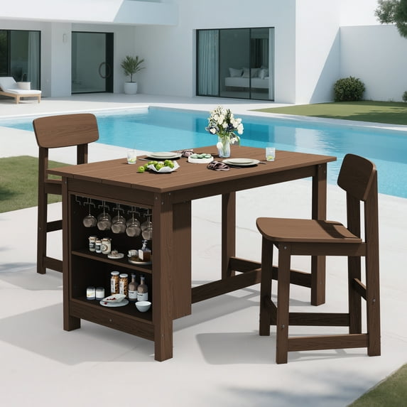SERWALL 3-Piece Outdoor Bar Sets, All Weather Outdoor Bar Table & 2 Bar Chairs, Counter Height Table with Storage, Wine Rack & Footrests, Outdoor Dining Sets for Patio, Backyard, Poolside - Brown
