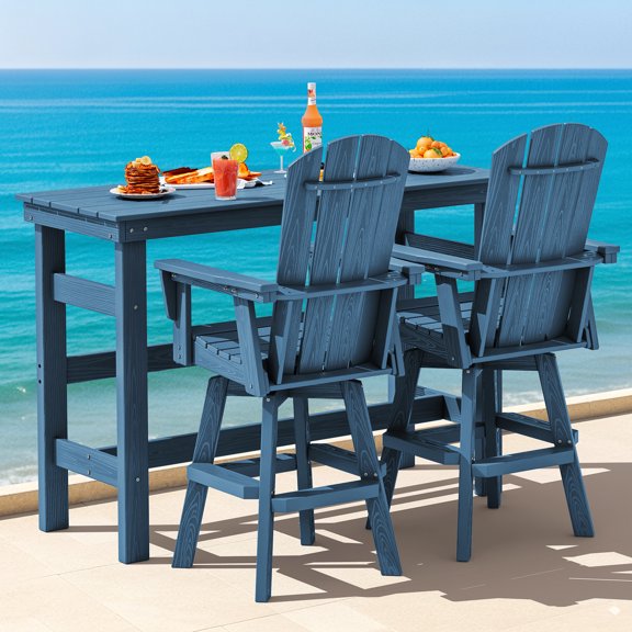 SERWALL 3-Piece Outdoor Swivel Bar Set with Table, 2 HDPE Swivel Bar Chairs & 1 Bar Table, All-Weather Patio Barstool Furniture, Blue