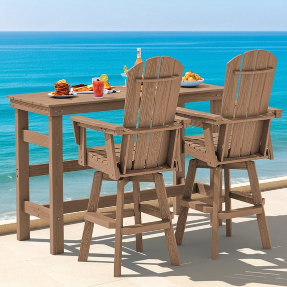 SERWALL 3-Piece Outdoor Swivel Bar Set with Table, 2 HDPE Swivel Bar Chairs & 1 Bar Table, All-Weather Patio Barstool Furniture, Brown