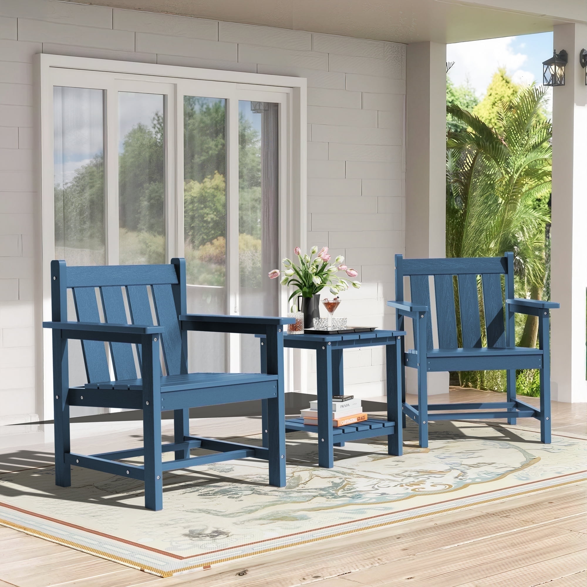 SERWALL 3 Piece Patio Furniture Set,HDPE Outdoor Bistro Set with Coffee Table and Chair for the Patio,Navy