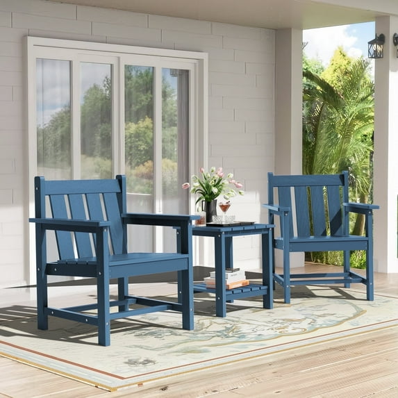 SERWALL 3 Piece Patio Furniture Set,HDPE Outdoor Bistro Set with Coffee Table and Chair for the Patio,Navy