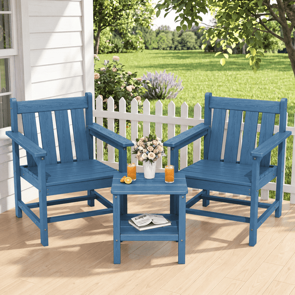 SERWALL 3 Piece Patio Bistro Set, All-Weather HDPE Outdoor Furniture with 2 Chairs & Side Table for Porch, Balcony & Deck, Navy