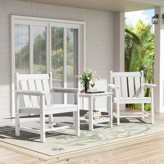 SERWALL 3 Piece Patio Furniture Set,HDPE Outdoor Bistro Set with Coffee Table and Chair for the Patio,White