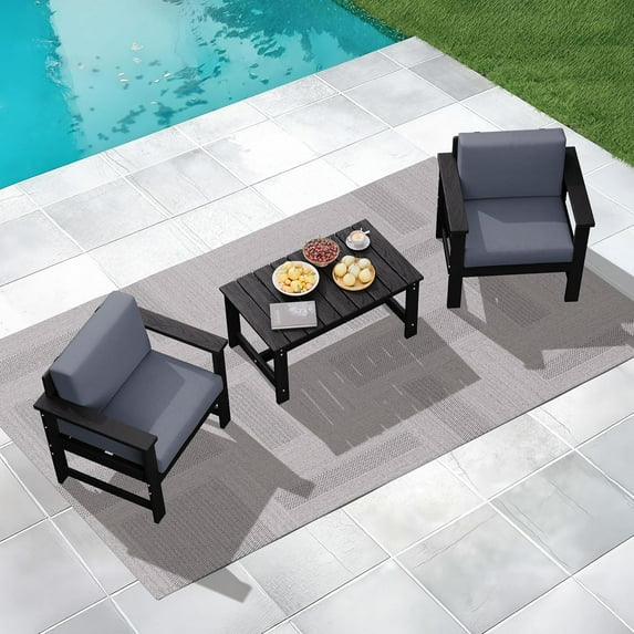 KINGYES 3 Pieces Outdoor Furniture Set, HDPE All Weather Use Conversation Couch Sets,2 Armchairs & 1 Coffee Table for Patio Backyard, Black Frame with Gray Cushions